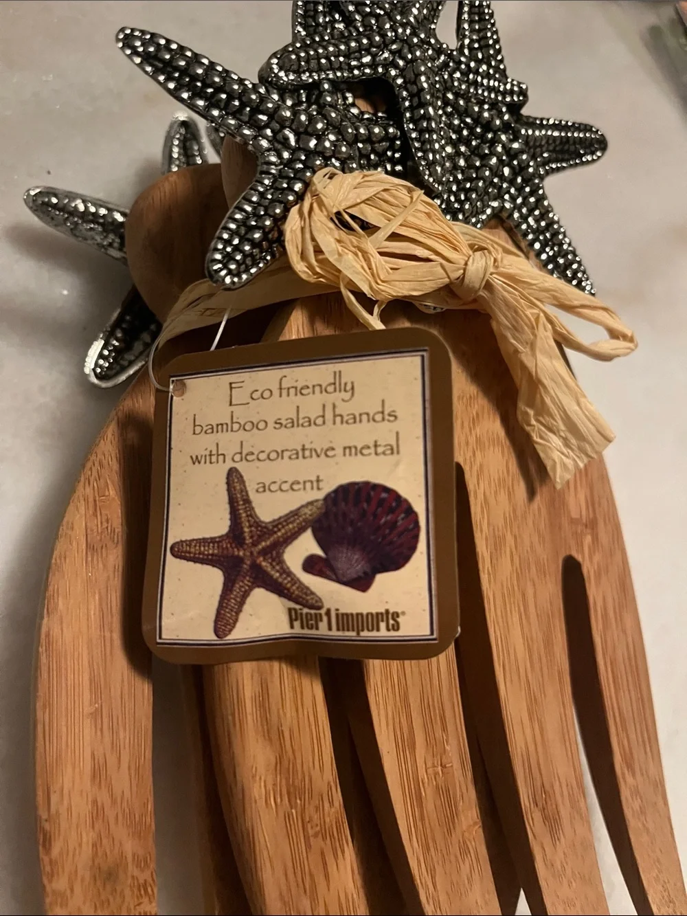 Pier 1 Bamboo Salad Hands with Silver Starfish Accents